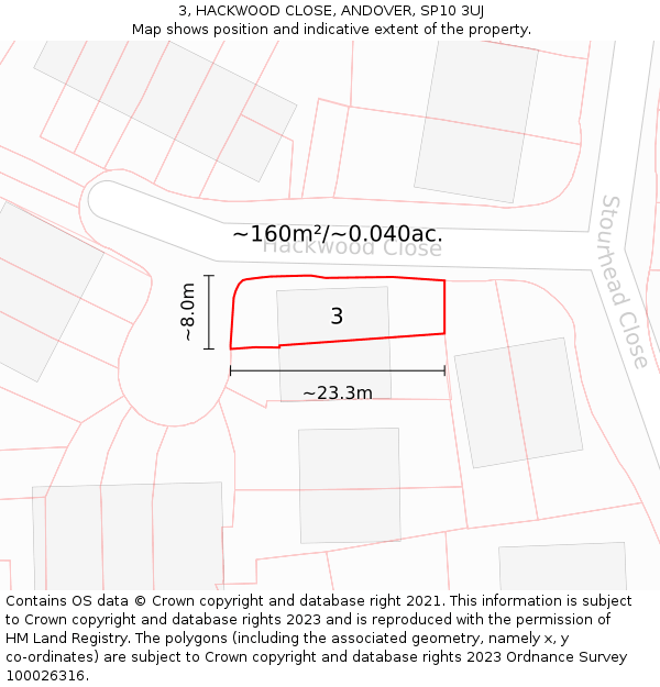 3, HACKWOOD CLOSE, ANDOVER, SP10 3UJ: Plot and title map