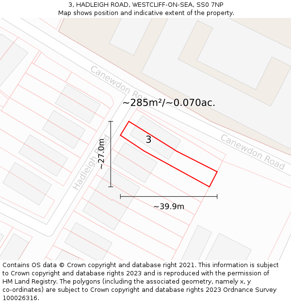 3, HADLEIGH ROAD, WESTCLIFF-ON-SEA, SS0 7NP: Plot and title map