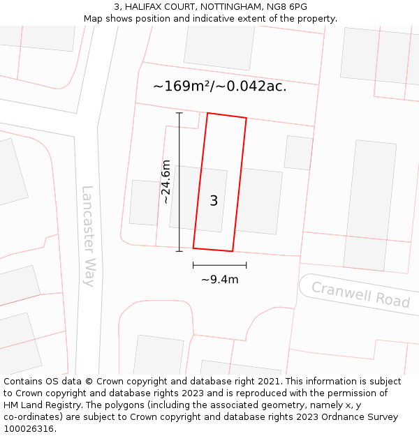 3, HALIFAX COURT, NOTTINGHAM, NG8 6PG: Plot and title map