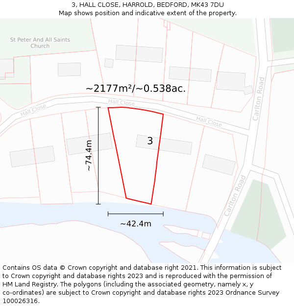 3, HALL CLOSE, HARROLD, BEDFORD, MK43 7DU: Plot and title map