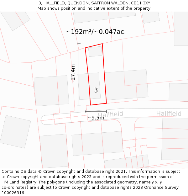 3, HALLFIELD, QUENDON, SAFFRON WALDEN, CB11 3XY: Plot and title map