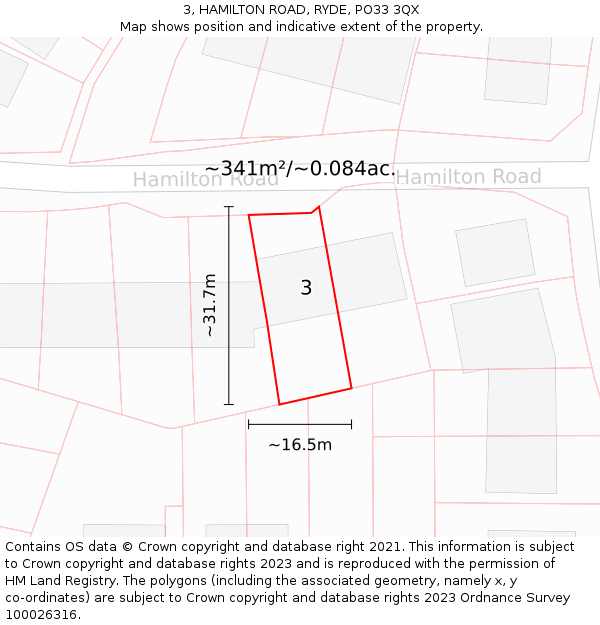 3, HAMILTON ROAD, RYDE, PO33 3QX: Plot and title map