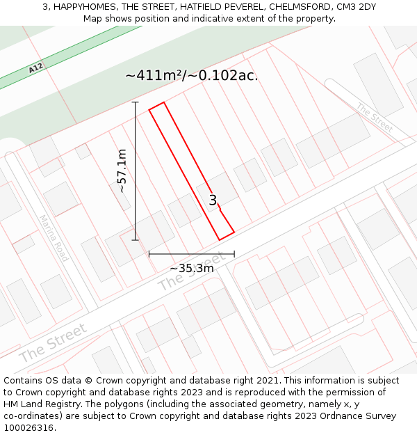 3, HAPPYHOMES, THE STREET, HATFIELD PEVEREL, CHELMSFORD, CM3 2DY: Plot and title map