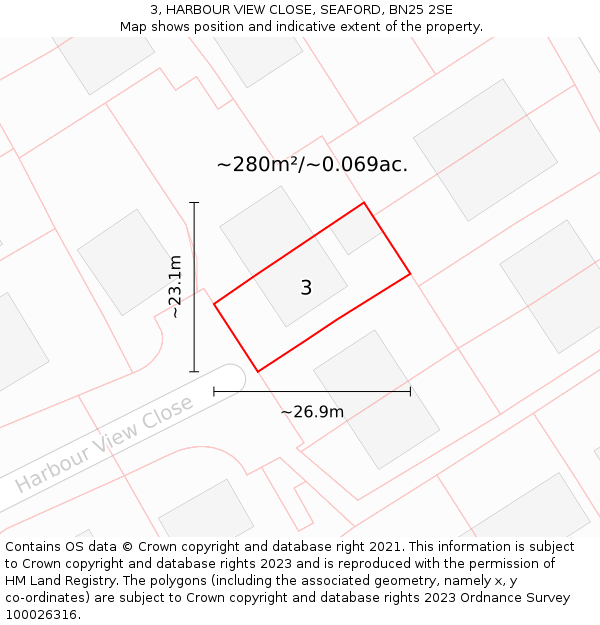 3, HARBOUR VIEW CLOSE, SEAFORD, BN25 2SE: Plot and title map