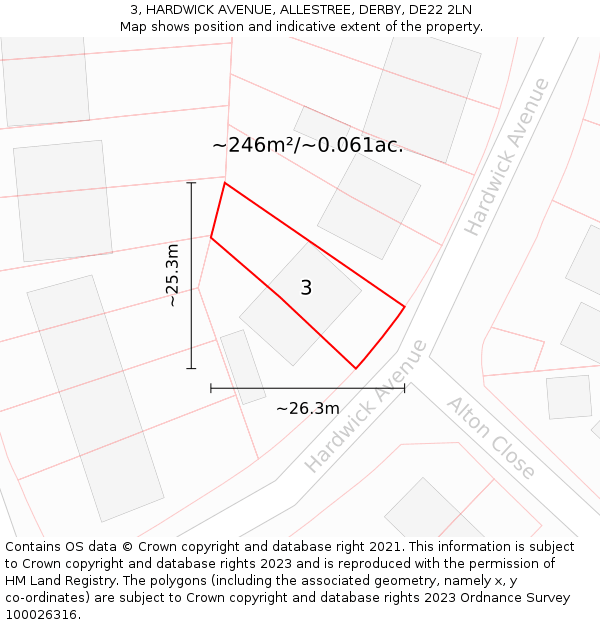 3, HARDWICK AVENUE, ALLESTREE, DERBY, DE22 2LN: Plot and title map