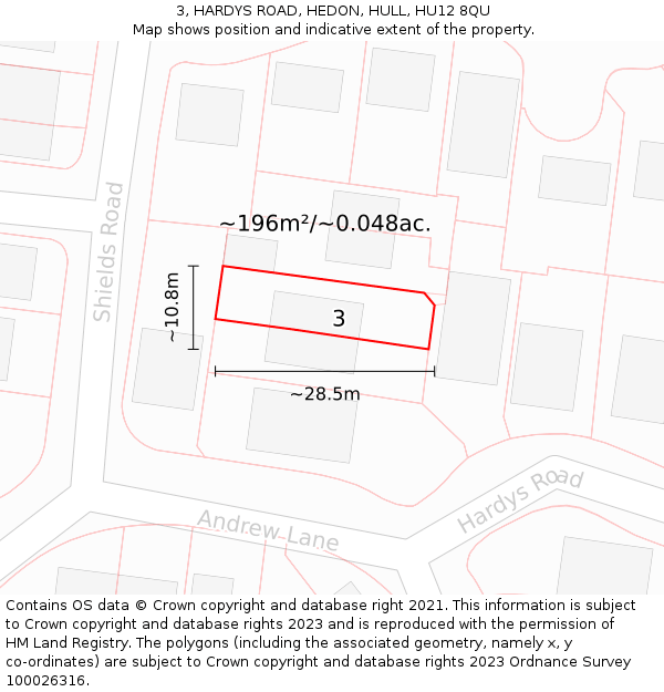 3, HARDYS ROAD, HEDON, HULL, HU12 8QU: Plot and title map