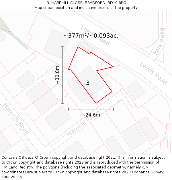 3, HAREHILL CLOSE, BRADFORD, BD10 8PG: Plot and title map