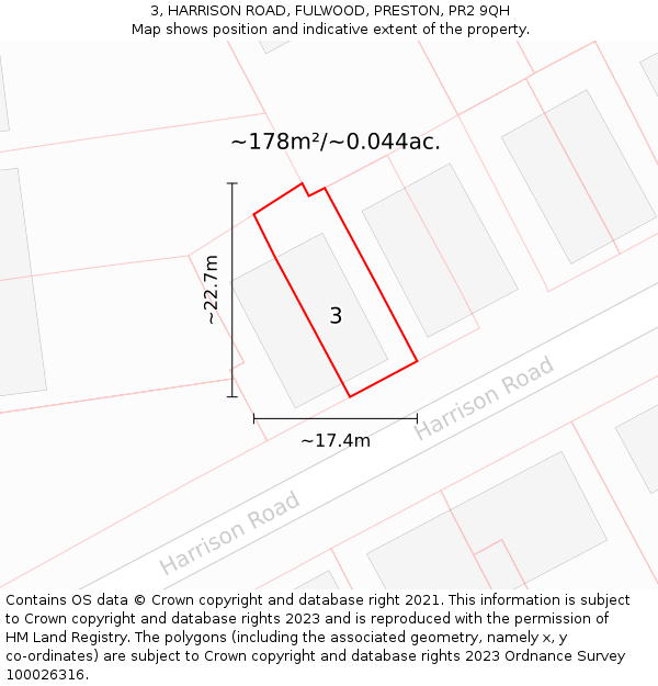 3, HARRISON ROAD, FULWOOD, PRESTON, PR2 9QH: Plot and title map