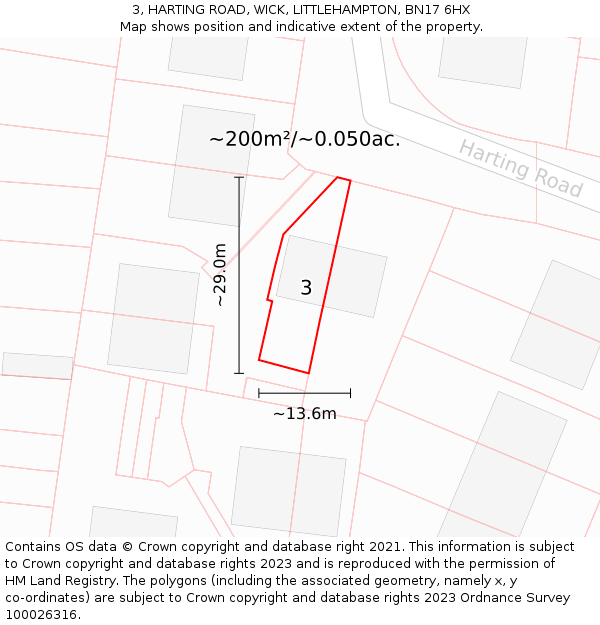 3, HARTING ROAD, WICK, LITTLEHAMPTON, BN17 6HX: Plot and title map