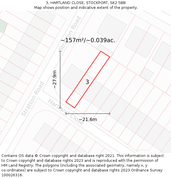 3, HARTLAND CLOSE, STOCKPORT, SK2 5BB: Plot and title map