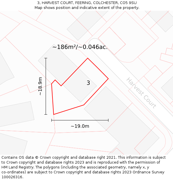 3, HARVEST COURT, FEERING, COLCHESTER, CO5 9SU: Plot and title map