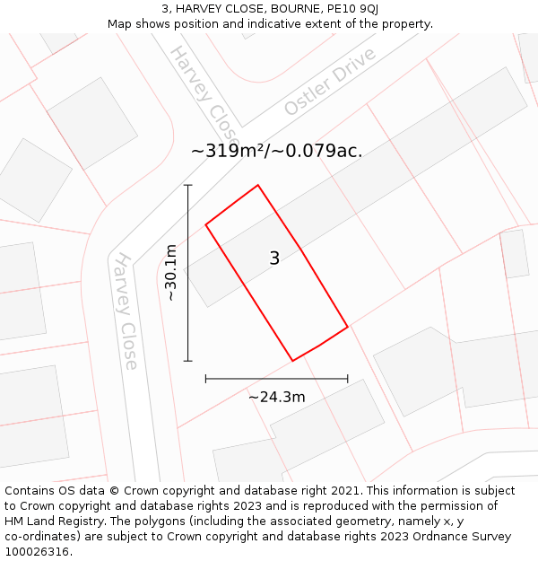 3, HARVEY CLOSE, BOURNE, PE10 9QJ: Plot and title map