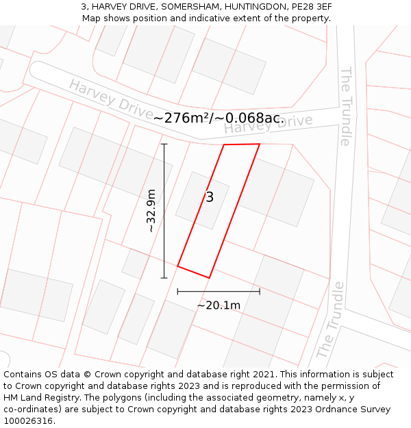 3, HARVEY DRIVE, SOMERSHAM, HUNTINGDON, PE28 3EF: Plot and title map