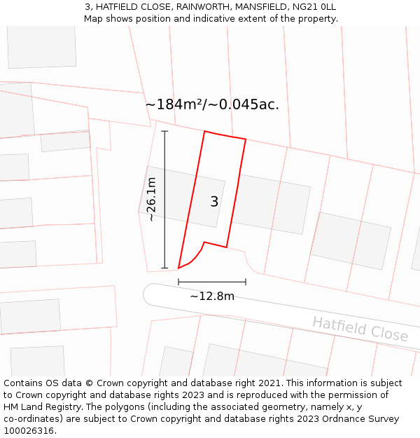 3, HATFIELD CLOSE, RAINWORTH, MANSFIELD, NG21 0LL: Plot and title map