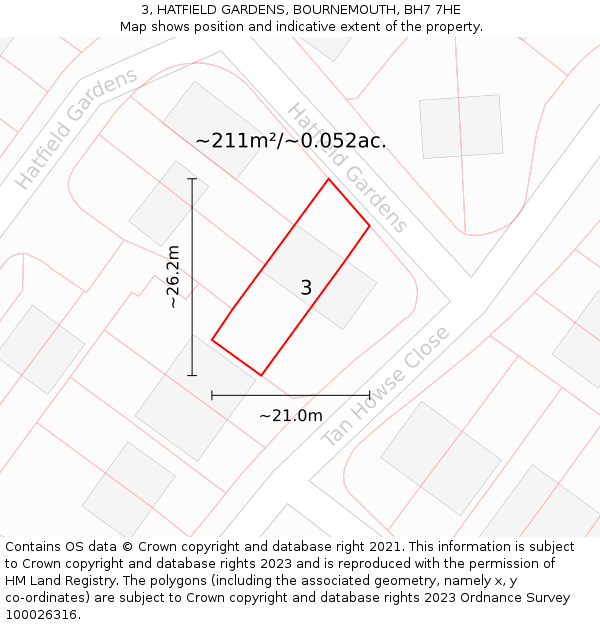 3, HATFIELD GARDENS, BOURNEMOUTH, BH7 7HE: Plot and title map