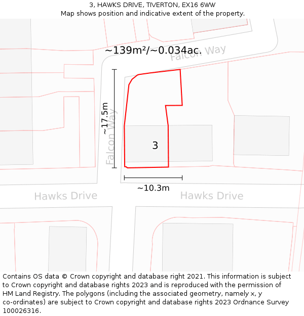 3, HAWKS DRIVE, TIVERTON, EX16 6WW: Plot and title map