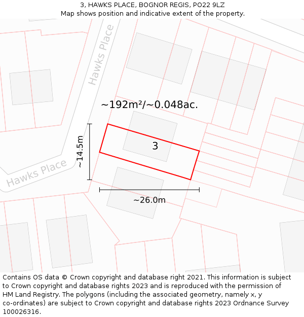 3, HAWKS PLACE, BOGNOR REGIS, PO22 9LZ: Plot and title map