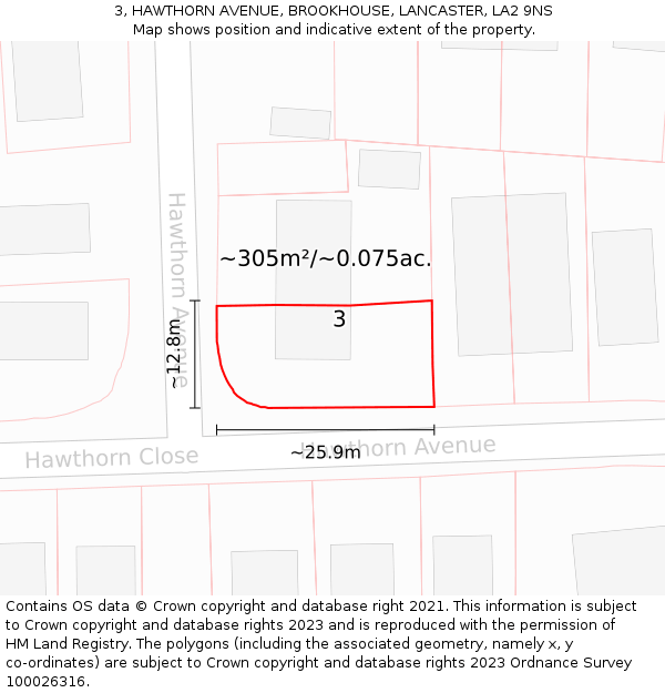 3, HAWTHORN AVENUE, BROOKHOUSE, LANCASTER, LA2 9NS: Plot and title map