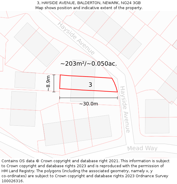 3, HAYSIDE AVENUE, BALDERTON, NEWARK, NG24 3GB: Plot and title map