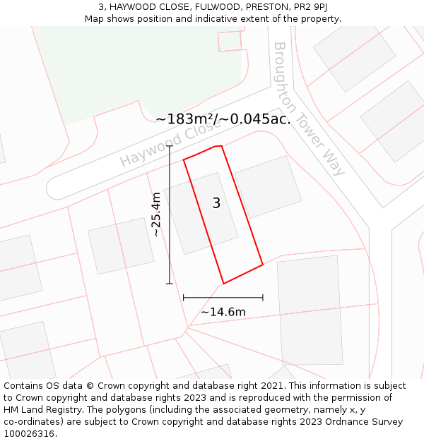 3, HAYWOOD CLOSE, FULWOOD, PRESTON, PR2 9PJ: Plot and title map