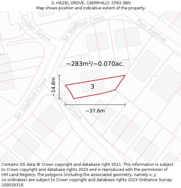 3, HAZEL GROVE, CAERPHILLY, CF83 3BN: Plot and title map