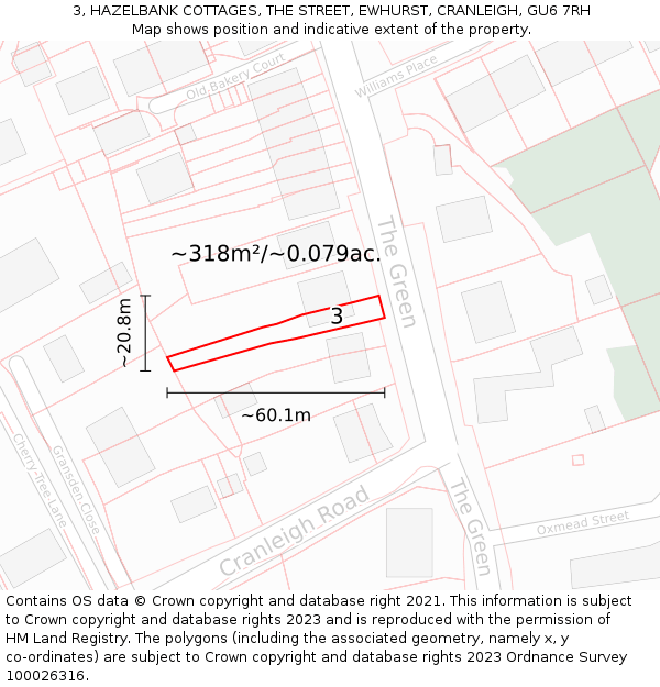 3, HAZELBANK COTTAGES, THE STREET, EWHURST, CRANLEIGH, GU6 7RH: Plot and title map