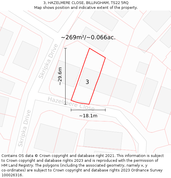 3, HAZELMERE CLOSE, BILLINGHAM, TS22 5RQ: Plot and title map