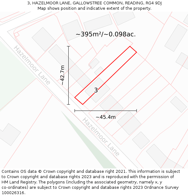 3, HAZELMOOR LANE, GALLOWSTREE COMMON, READING, RG4 9DJ: Plot and title map