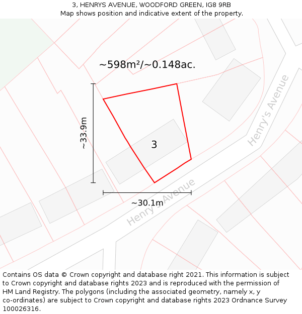 3, HENRYS AVENUE, WOODFORD GREEN, IG8 9RB: Plot and title map