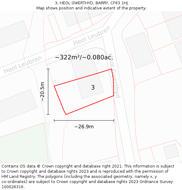 3, HEOL GWERTHYD, BARRY, CF63 1HJ: Plot and title map