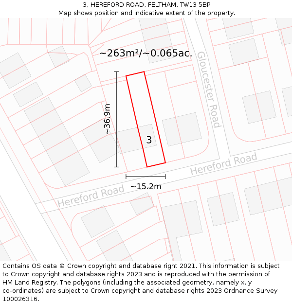 3, HEREFORD ROAD, FELTHAM, TW13 5BP: Plot and title map