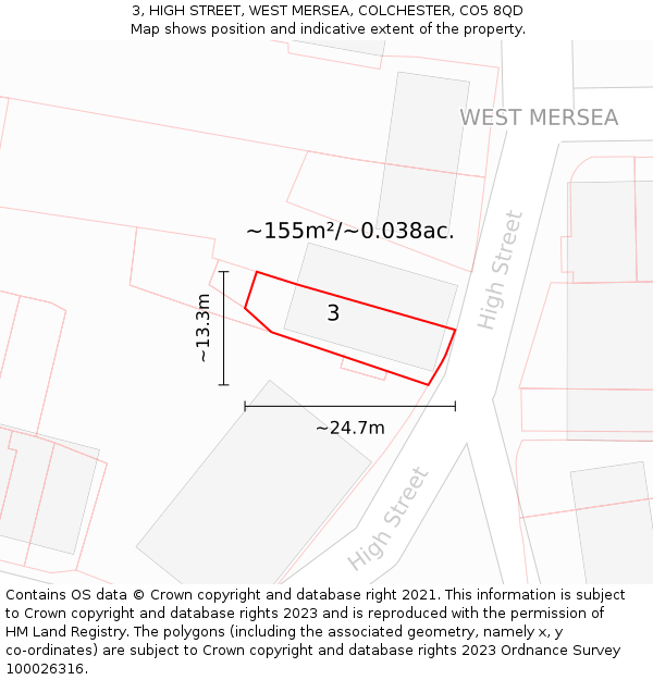 3, HIGH STREET, WEST MERSEA, COLCHESTER, CO5 8QD: Plot and title map