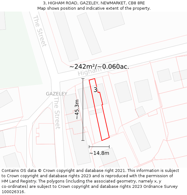 3, HIGHAM ROAD, GAZELEY, NEWMARKET, CB8 8RE: Plot and title map