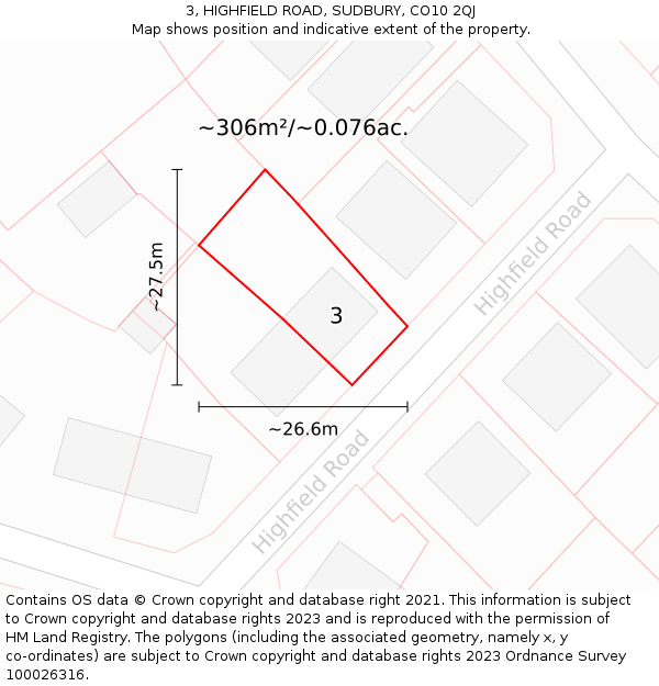 3, HIGHFIELD ROAD, SUDBURY, CO10 2QJ: Plot and title map