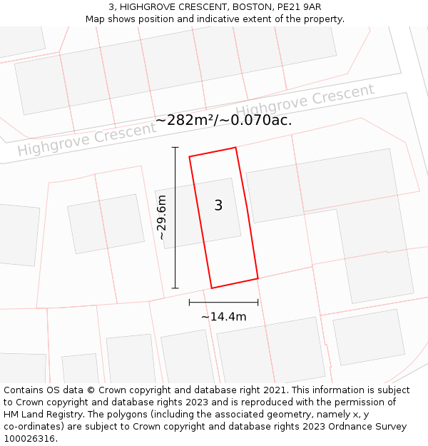 3, HIGHGROVE CRESCENT, BOSTON, PE21 9AR: Plot and title map