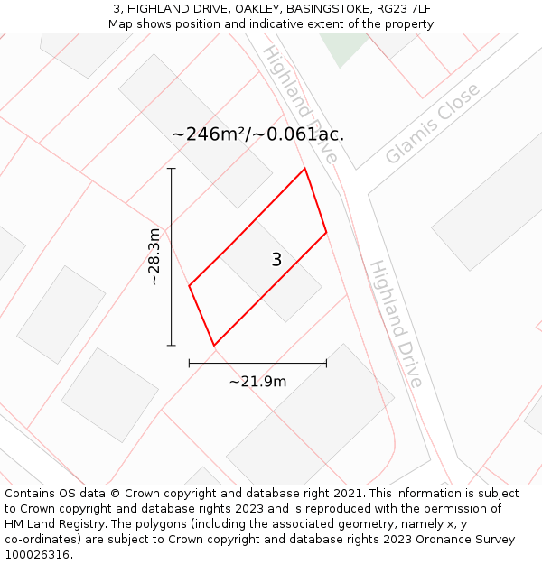 3, HIGHLAND DRIVE, OAKLEY, BASINGSTOKE, RG23 7LF: Plot and title map