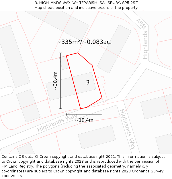 3, HIGHLANDS WAY, WHITEPARISH, SALISBURY, SP5 2SZ: Plot and title map