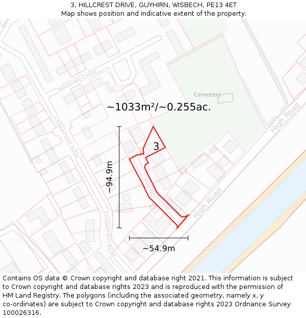 3, HILLCREST DRIVE, GUYHIRN, WISBECH, PE13 4ET: Plot and title map