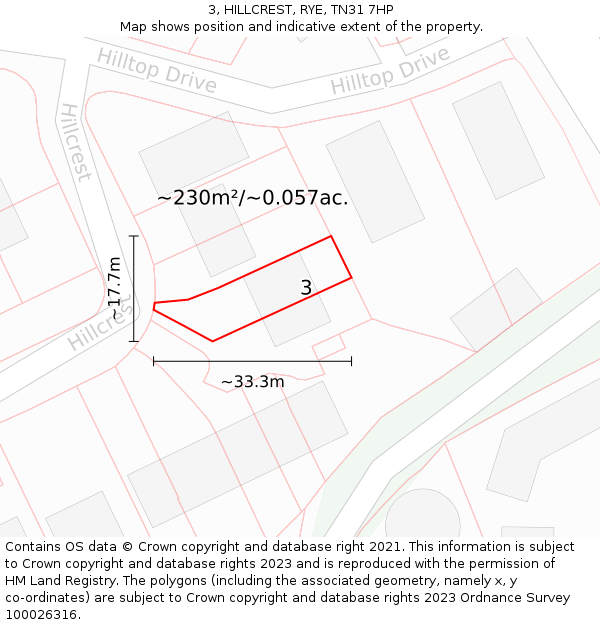 3, HILLCREST, RYE, TN31 7HP: Plot and title map