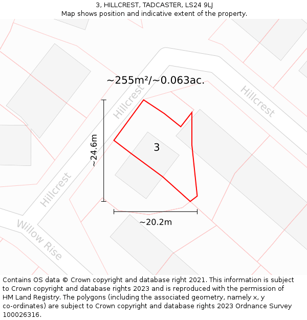 3, HILLCREST, TADCASTER, LS24 9LJ: Plot and title map