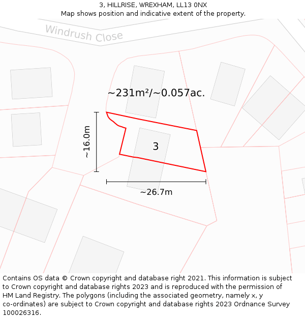 3, HILLRISE, WREXHAM, LL13 0NX: Plot and title map