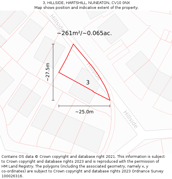 3, HILLSIDE, HARTSHILL, NUNEATON, CV10 0NX: Plot and title map