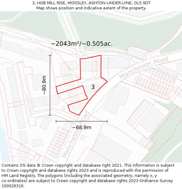 3, HOB MILL RISE, MOSSLEY, ASHTON-UNDER-LYNE, OL5 9DT: Plot and title map