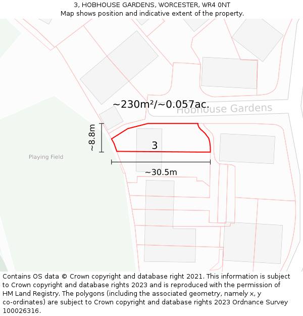 3, HOBHOUSE GARDENS, WORCESTER, WR4 0NT: Plot and title map