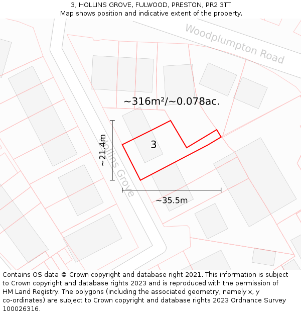 3, HOLLINS GROVE, FULWOOD, PRESTON, PR2 3TT: Plot and title map