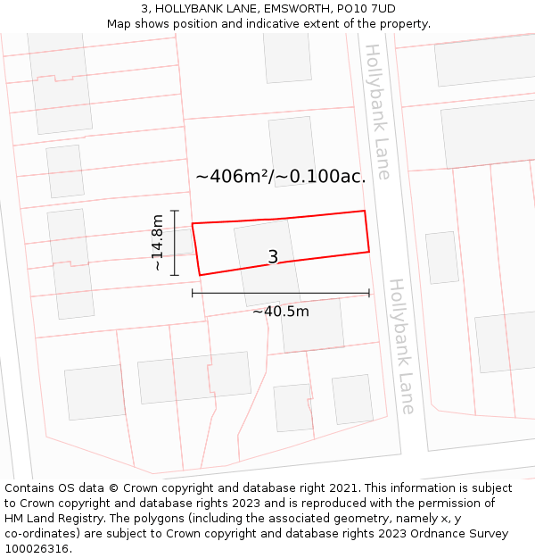 3, HOLLYBANK LANE, EMSWORTH, PO10 7UD: Plot and title map