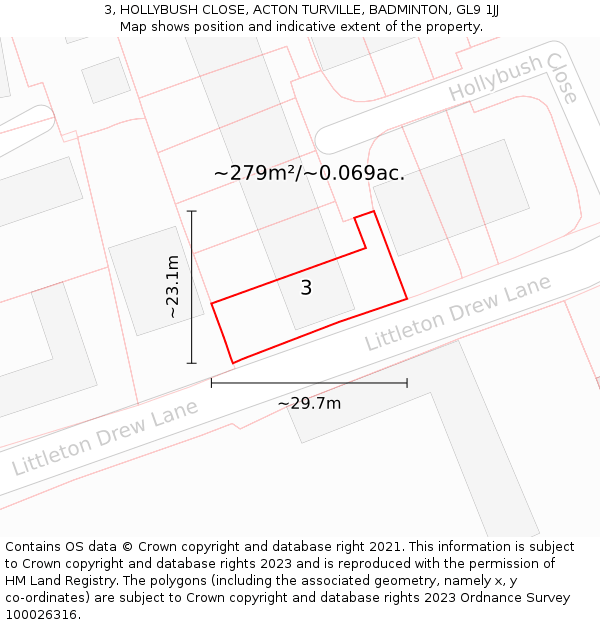 3, HOLLYBUSH CLOSE, ACTON TURVILLE, BADMINTON, GL9 1JJ: Plot and title map