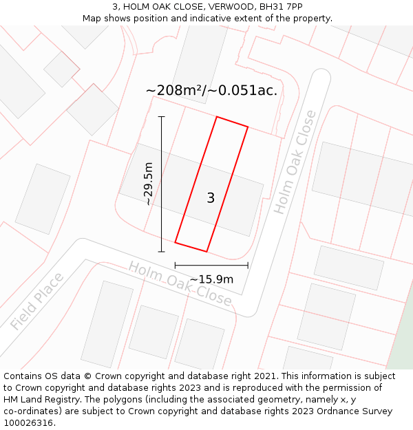 3, HOLM OAK CLOSE, VERWOOD, BH31 7PP: Plot and title map