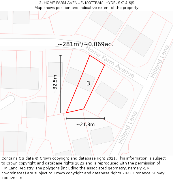 3, HOME FARM AVENUE, MOTTRAM, HYDE, SK14 6JS: Plot and title map