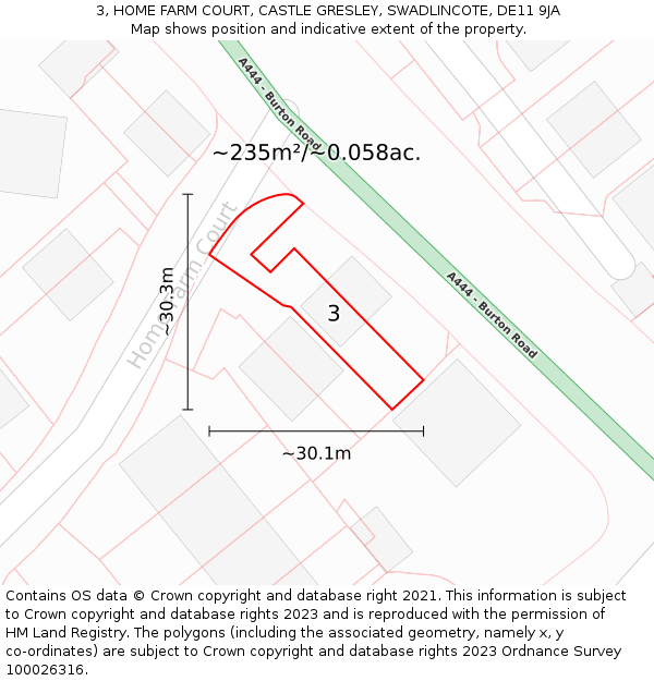 3, HOME FARM COURT, CASTLE GRESLEY, SWADLINCOTE, DE11 9JA: Plot and title map